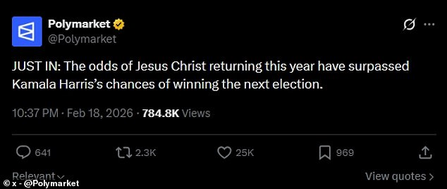 Prediction Markets Place Higher Odds on Jesus' Return Than Kamala Harris' 2028 Victory