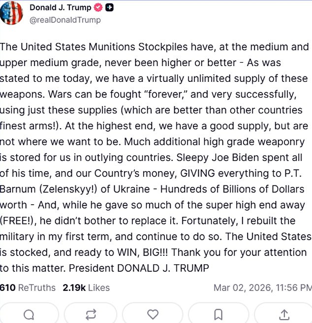 Trump Asserts US Has 'Unlimited' Munitions as Middle East Tensions Rise