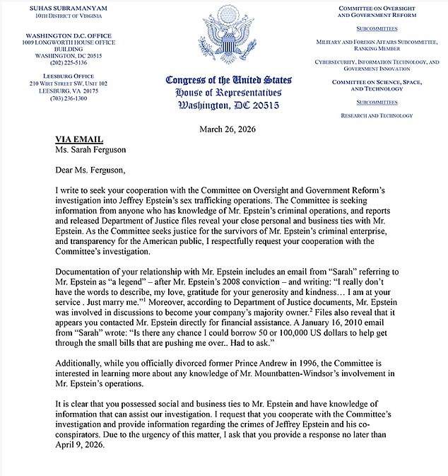 Congressman Requests Sarah Ferguson Testify Over Alleged Epstein Ties