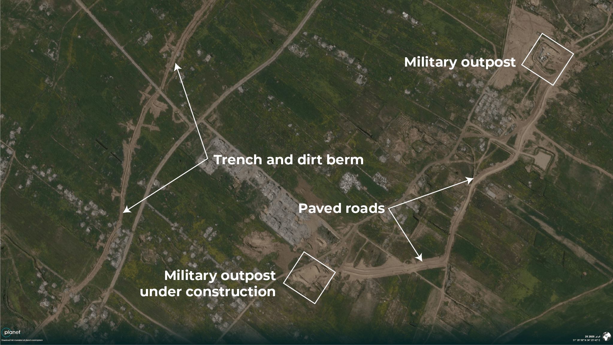 Satellite images reveal stalled reconstruction and expanding Israeli military bases in Gaza.